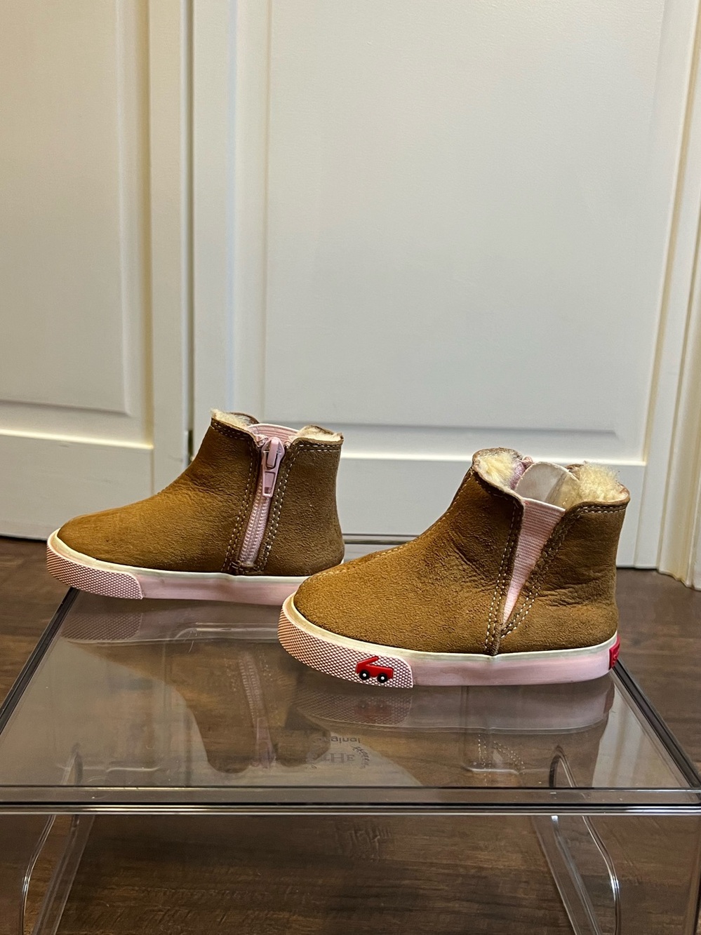 See Kai Run Kassidy Brown Suede Zip Booties with Pink Trim Size 5